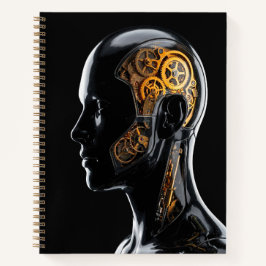 Goldener Steampunk-Cyborg mit leuchtend blauem Neo Notizblock
