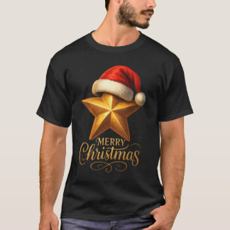 Goldener Stern mit Weihnachtsmannmütze Frohe Weihn T-Shirt