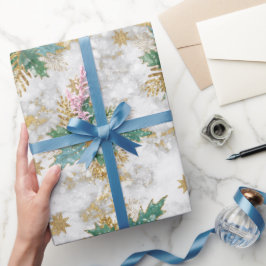 Goldener Sterne Glitzer mit Heiligbeeren & Blätter Geschenkpapier