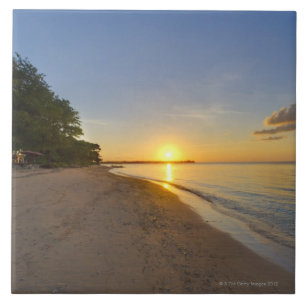 Goldener Sun-Ball, der über tropische Insel Fliese