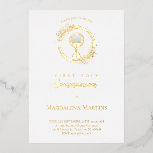 Goldener Text und Design Erste Kommune Folieneinladung (Vorderseite)