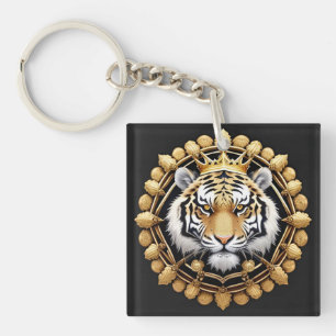 Goldener Tiger mit Krone, umrahmt von aufwendigem Schlüsselanhänger