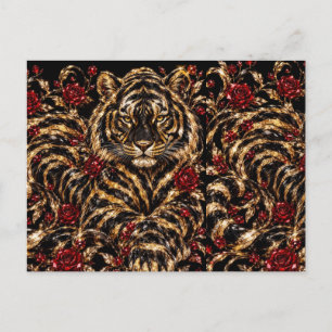 Goldener Tiger & Rote Rosen Florale Kunst Feiertagspostkarte