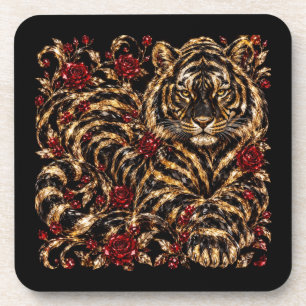 Goldener Tiger & Rote Rosen Florale Kunst Getränkeuntersetzer