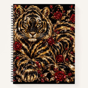 Goldener Tiger & Rote Rosen Florale Kunst Notizblock