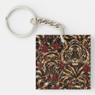 Goldener Tiger & Rote Rosen Florale Kunst Schlüsselanhänger