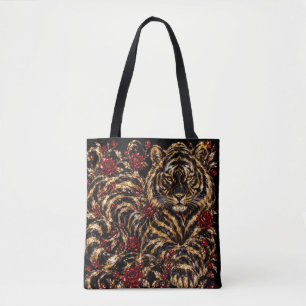 Goldener Tiger & Rote Rosen Florale Kunst Tasche