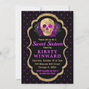 Goldener Totenkopf-Blumen- Polka-Punkt-Halloween S Einladung