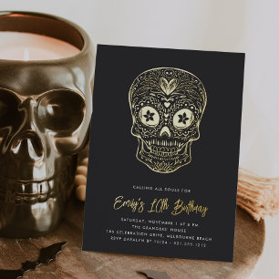 Goldener Totenkopf Dia de los Muertos Geburtstagsf Folieneinladung