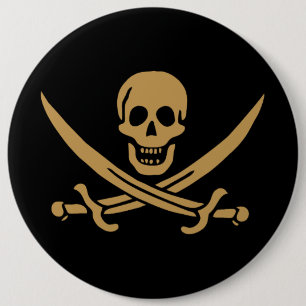 Goldener Totenkopf & Piratenflagge mit Schwertern  Button