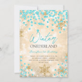 Goldener Turquoise Winter ONEDERLAND 1. Geburtstag Einladung (Vorderseite)