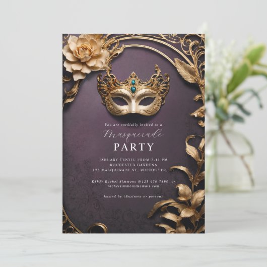 Goldener venezianischer Maskenball Einladung (Stehend Vorderseite)