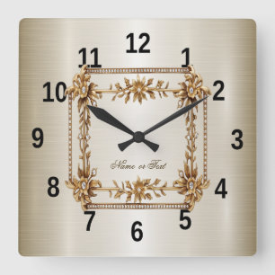 Goldener Verzierte Rechteck Diamant Blumen Glänzen Quadratische Wanduhr