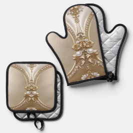 Goldener verzierter Rahmen mit Perlen Ofenhandschuh & Topflappen-Set