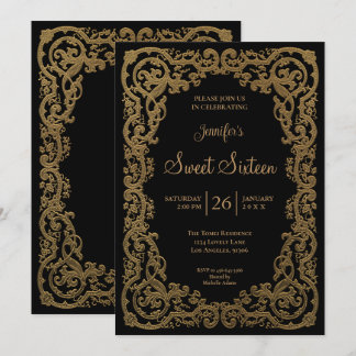Goldener verzierter Rahmen Sweet 16 Einladung