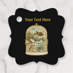Goldener Vogelkäfig mit Vogelscheuche im Inneren Geschenkanhänger