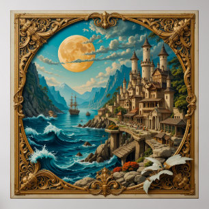 Goldener Vollmond am Küsten-Fantasydorf Poster