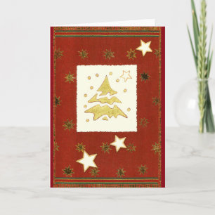 GOLDENER WEIHNACHTSBAUM ABSTRAKT auf Rot-Braun Feiertagskarte