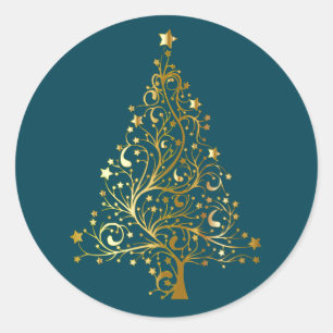 Goldener Weihnachtsbaum auf dunklem Aquamarinen Runder Aufkleber