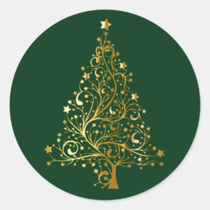 Goldener Weihnachtsbaum auf Schwarz Runder Aufkleber
