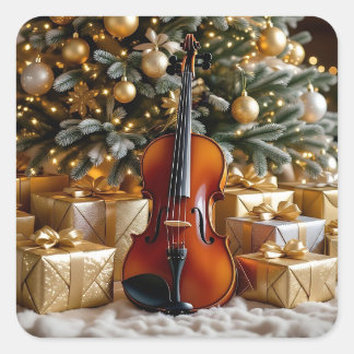 Goldener Weihnachtsbaum, Geschenke und Violine Quadratischer Aufkleber