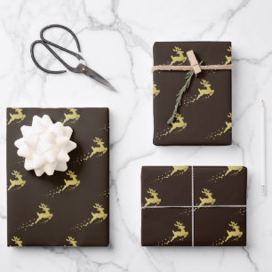 Goldener Weihnachtsbaum mit Rentier Geschenkpapier Set