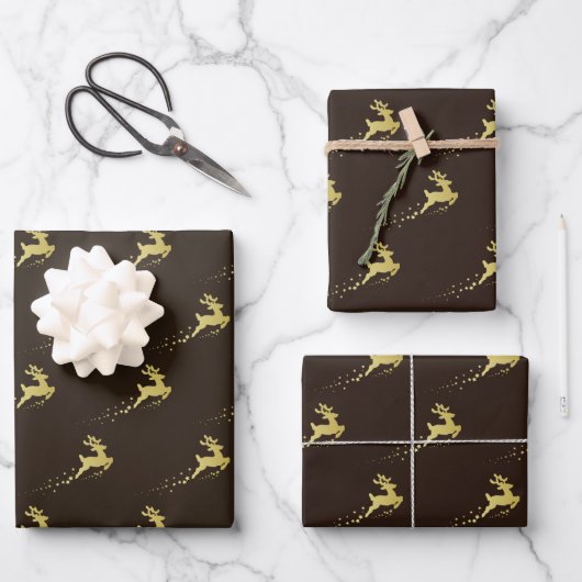Goldener Weihnachtsbaum mit Rentier Geschenkpapier Set (Vorderseite)