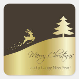 Goldener Weihnachtsbaum mit Rentier Quadratischer Aufkleber