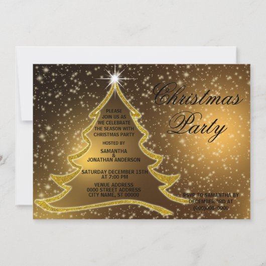 Goldener Weihnachtsbaum Sparkle Goldenes Party Einladung (Vorderseite)