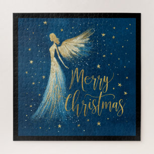 Goldener Weihnachtsengel auf sternblauem Hintergru Puzzle