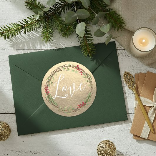 Goldener Weihnachtskranz Liebe Runder Aufkleber