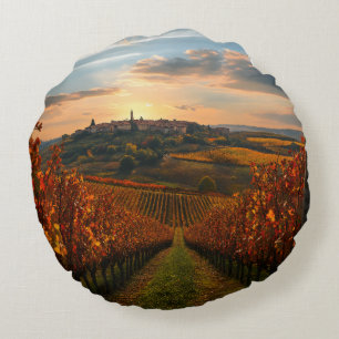Goldener Weinberg-Sonnenuntergang – Runde Herbst-A Rundes Kissen