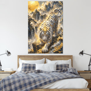 Goldener Weißer Tiger Kraft Berg Wasserfall Fantas Leinwanddruck