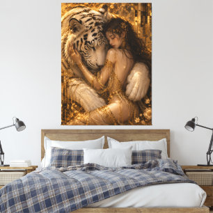 Goldener Weißer Tiger Umarmung Fantasy-Kunst Leinwanddruck