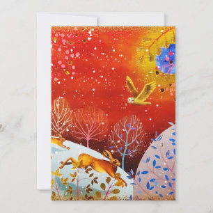 Goldener Winterwald-Hase-Eule-Aquarell Feiertagskarte