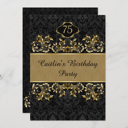 Goldener Wirbel, schwarzer Damast 75. Einladung (Vorne/Hinten)