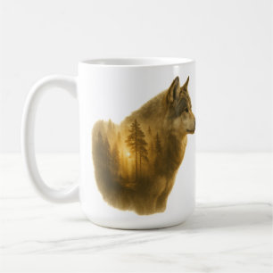 Goldener Wolfgeist – Double-Exposure-Waldkunst Kaffeetasse