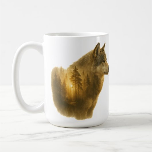 Goldener Wolfgeist – Double-Exposure-Waldkunst Kaffeetasse (Links)
