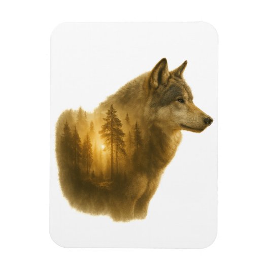 Goldener Wolfgeist – Double-Exposure-Waldkunst Magnet (Vertikal)