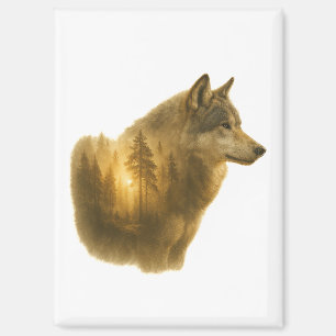 Goldener Wolfgeist – Double-Exposure-Waldkunst Magnet