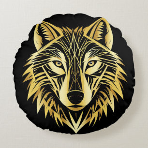 Goldener Wolfskopf auf schwarzer Geometrie 🐺 Rundes Kissen