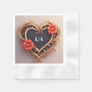 Goldener Zierherzkranz mit roten Blumen Serviette