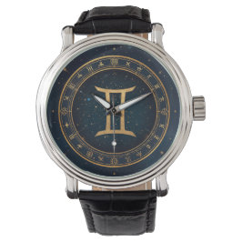 Goldener Zwillinge-Tierkreis mit Sternennacht Armbanduhr
