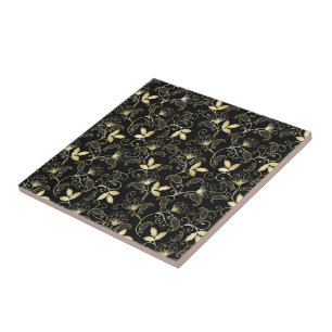 Goldenes abstraktes Floral auf schwarzem Hintergru Fliese