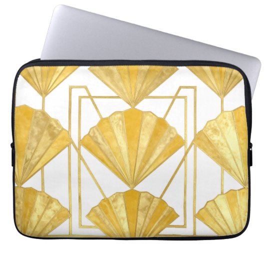 Goldenes Art Deco Fächer-Muster Laptopschutzhülle (Vorderseite)