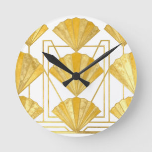 Goldenes Art Deco Fächer-Muster Runde Wanduhr