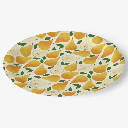 Goldenes Birnenmuster Pappteller (Schrägansicht)