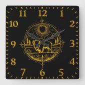 Goldenes Bison Stehend in einer malerischen Landsc Quadratische Wanduhr (Vorderseite)