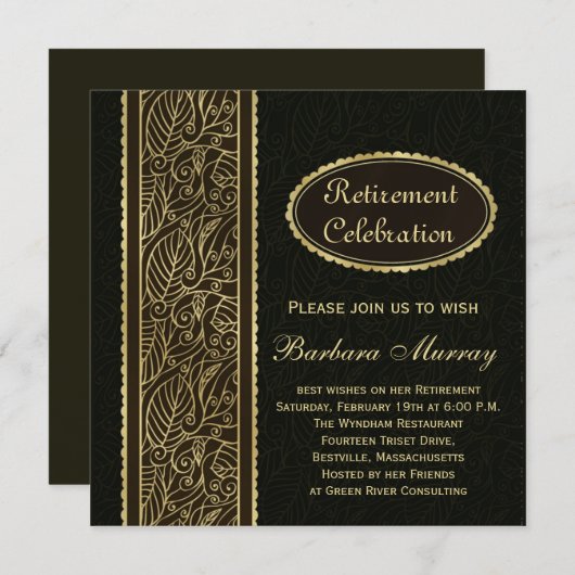 Goldenes Blätter auf schwarzem Ruhestands-Party Einladung (Vorne/Hinten)