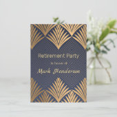 Goldenes Blätter des Kunst-Dekos auf blauem Einladung (Stehend Vorderseite)